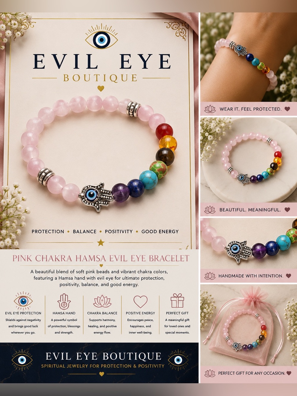 💞🪬Pink Chakra Hamsa Bracelet🪬💞 #1